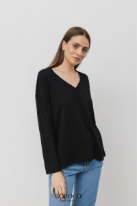 Longsleeve z dzianiny swetrowej CZARNY prążkowany -50%