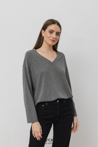 Longsleeve z dzianiny swetrowej SZARY prążkowany -50%