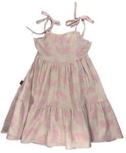 Sukienka 007-24 SUMMER MUSLIN DRESS / BIRDS PRINT / BEIGE - GOTS