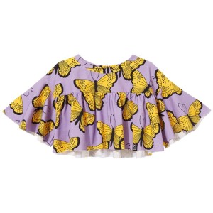 Krótka koszulka z falbaną FRILL TOP purple butterflies