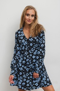 Sukienka w kwiaty CZARNO-NIEBIESKA z wiskozy -50%
