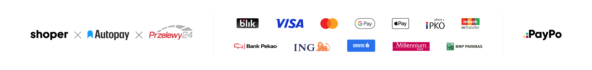 Formy płatności – Blik, Visa, Mastercard, Google Pay, Apple Pay, PayPo, banki (Shoper, Autopay, Przelewy24)
